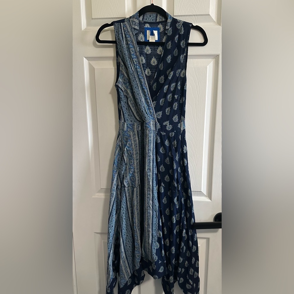 Anthropologie Maeve Eclipsed Faux Wrap Blue Paisley Motif Dress  Size 4 EUC - Picture 2 of 5
